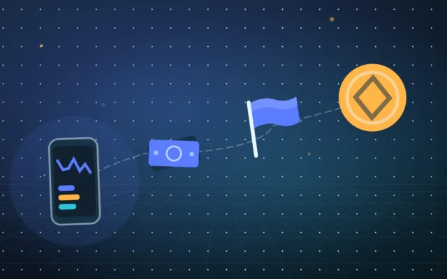 Abstract smartphone beside banknotes, a plain flag and a single coin