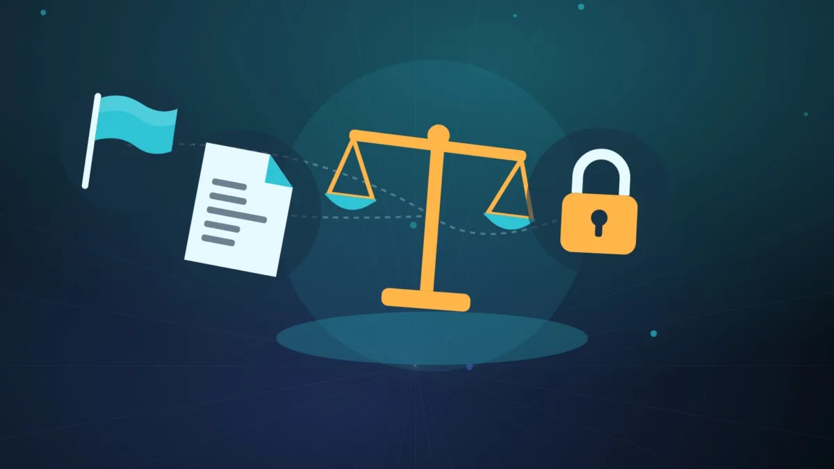 Scales of justice beside a document, a padlock and a plain flag