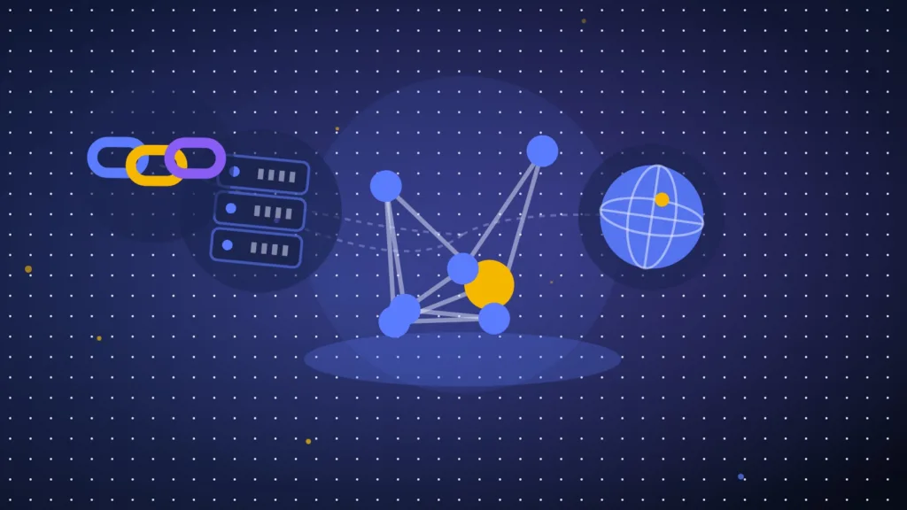 Connected network nodes beside a server rack, a globe and chain links