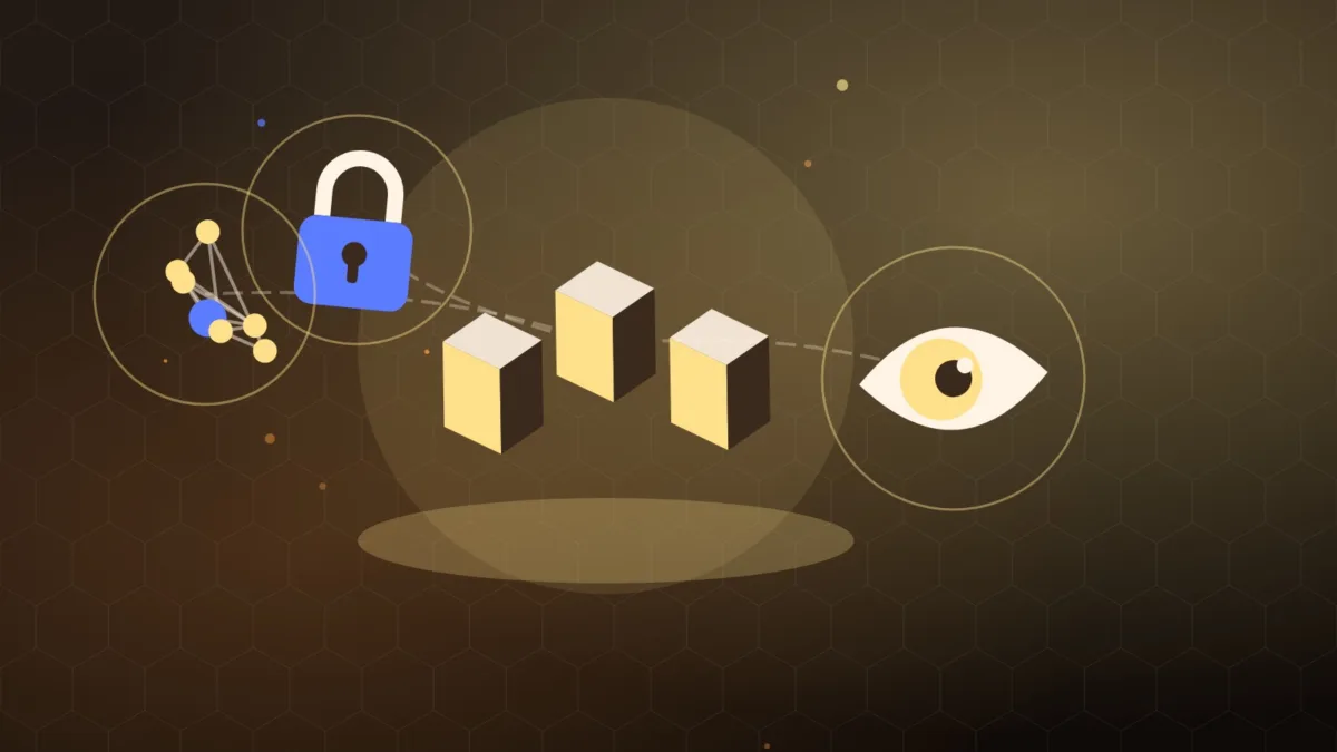 Stacked blocks surrounded by a padlock, an open eye and a web of connected nodes
