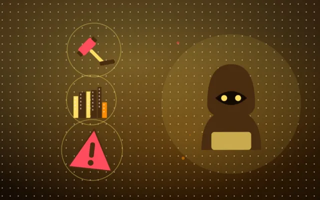 Illustration d'un criminel encapuchonné, d'un marteau de juge, d'une ville et d'un panneau d'alerte