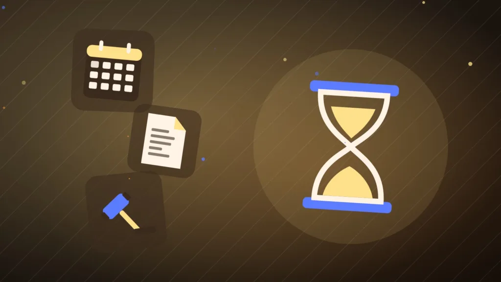 Abstract hourglass beside a calendar grid, a document and a gavel