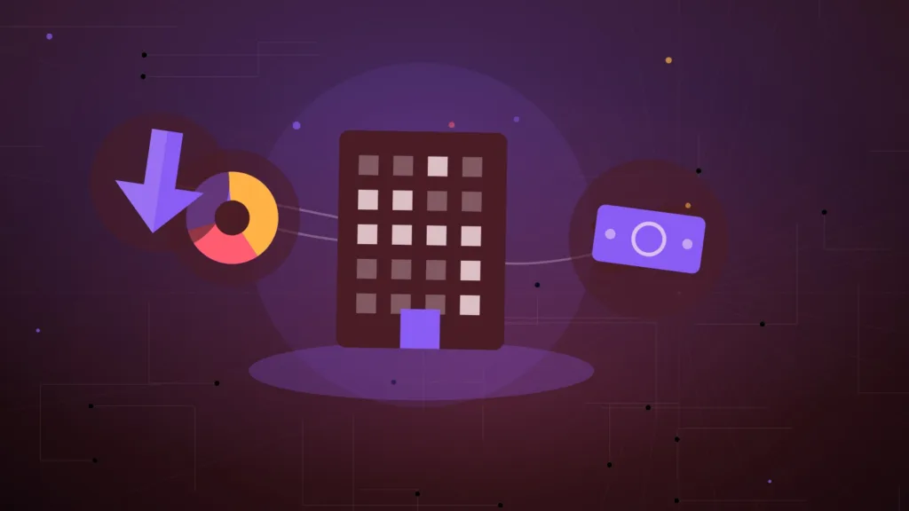 Abstract office tower next to a pie chart, banknotes and a downward arrow