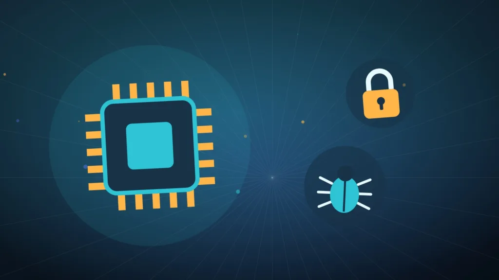 Microchip, lucchetto e un piccolo insetto disegnati su sfondo semplice