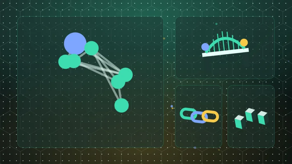 Abstract connected nodes linked by a bridge over chain links and blocks