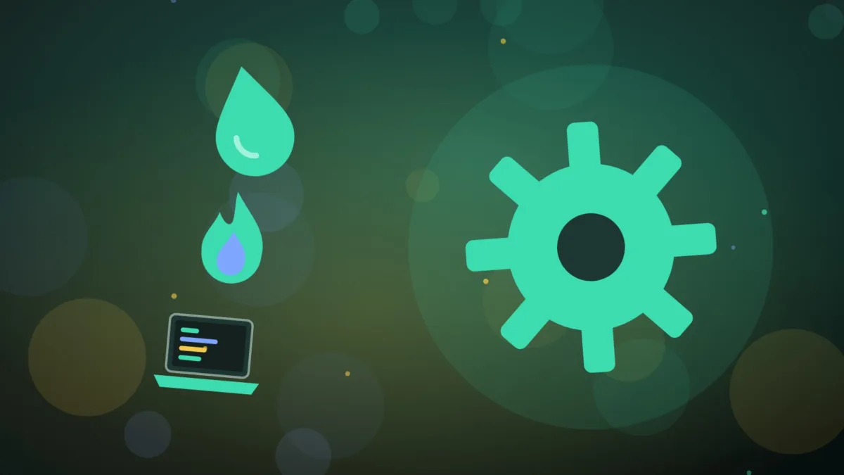 Abstract turning gear above a liquid drop and a small flame on a laptop