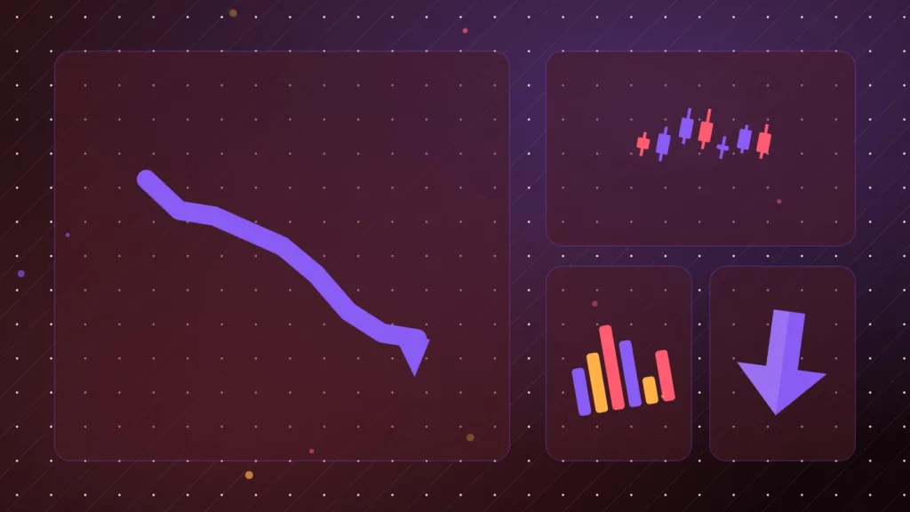 Abstract falling line over red candlesticks, bar chart and a downward arrow