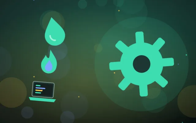 Abstract turning gear above a liquid drop and a small flame on a laptop