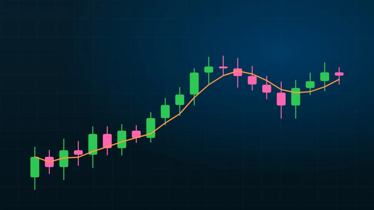 Abstract red candlestick chart with a falling price line on a dark background