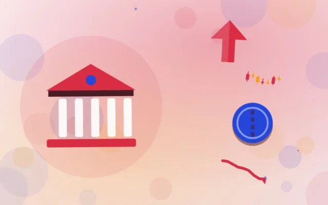 Illustration d'une banque, d'une flèche, de chandeliers, d'une pièce et d'une baisse