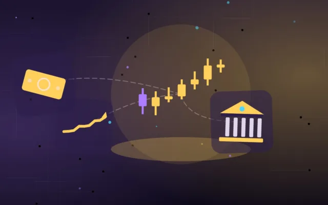 Abstract candlestick chart with a rising line beside a bank and banknotes