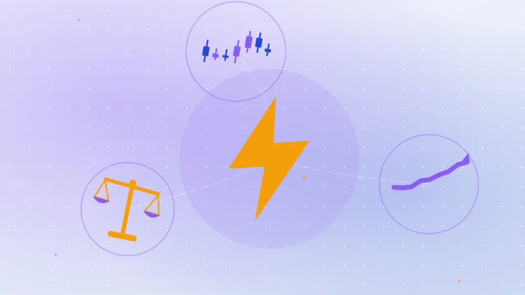 Fulmine sopra una linea in salita, bilancia in equilibrio e candele di un grafico di trading