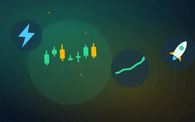 Abstract candlesticks and a rising line beside a rocket and a lightning bolt