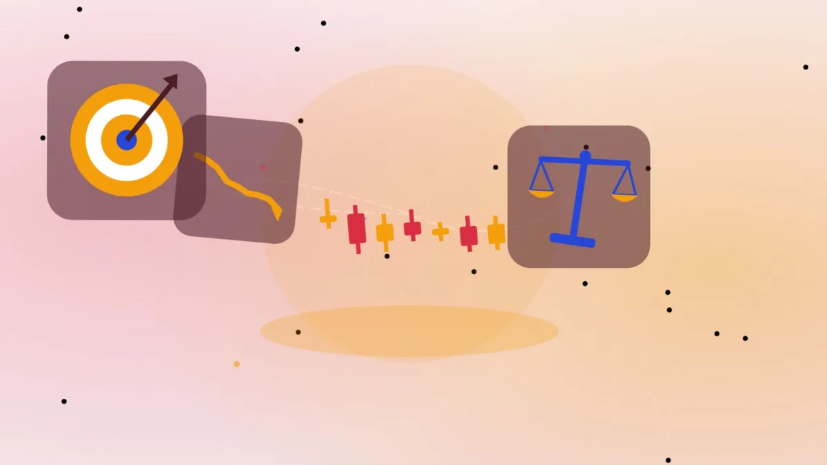 Abstract candlesticks and a falling line beside balanced scales and a target
