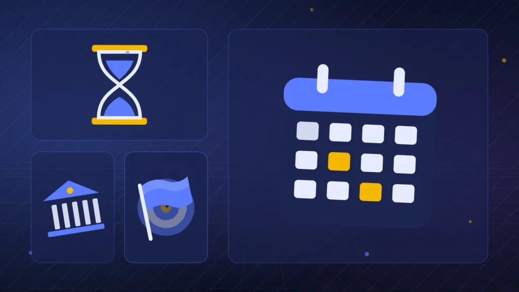 Abstract calendar and hourglass next to a bank building, a target and a flag