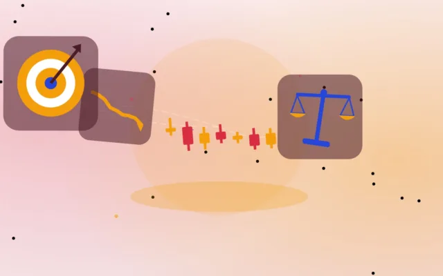Abstract candlesticks and a falling line beside balanced scales and a target