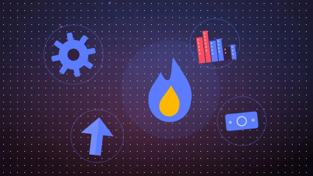 Abstract flame over a city skyline with banknotes, a rising arrow and a gear
