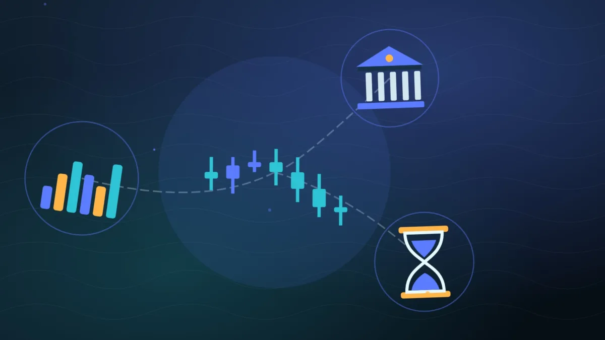 Abstract candlesticks and bar chart beside a bank building and an hourglass