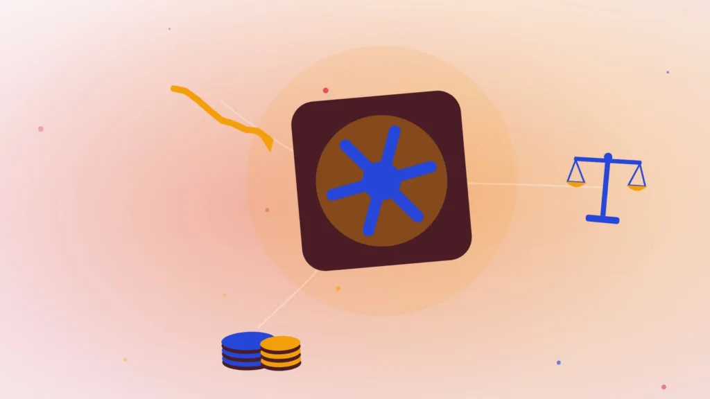 Abstract vault and stacked coins beside a falling line and balanced scales
