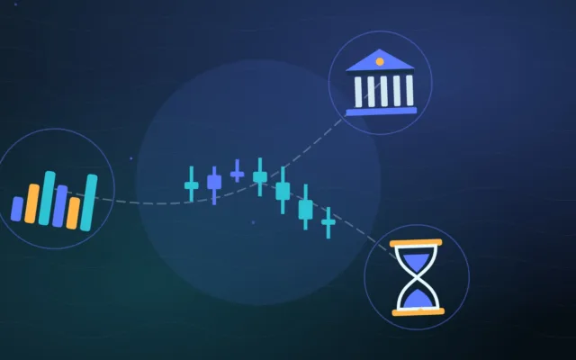 Abstract candlesticks and bar chart beside a bank building and an hourglass