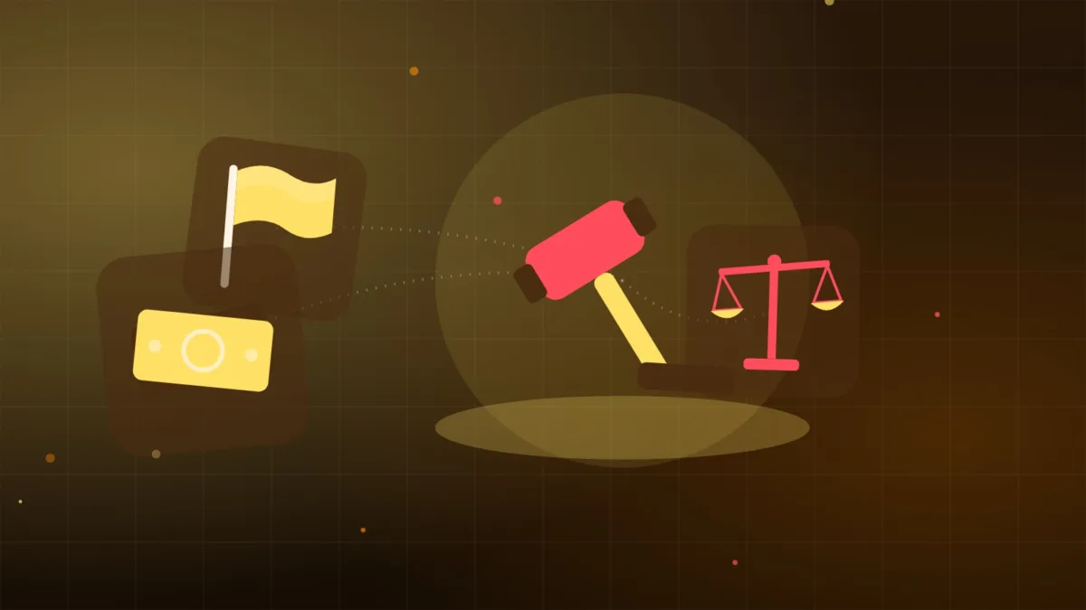 Abstract gavel and scales beside a plain flag and banknotes in warm alert tones