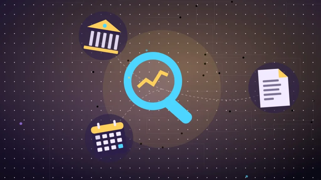 Illustration d'une loupe sur un document, d'un calendrier et d'une banque