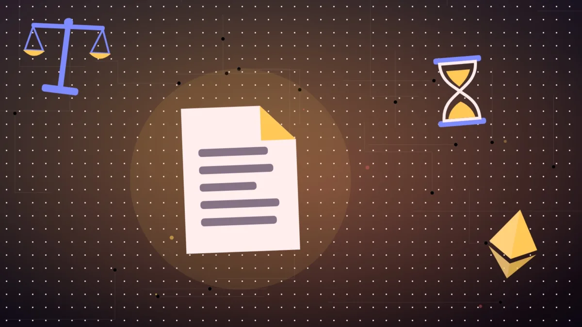 Illustration d'un document et d'un diamant à côté d'une balance de la justice et d'un sablier