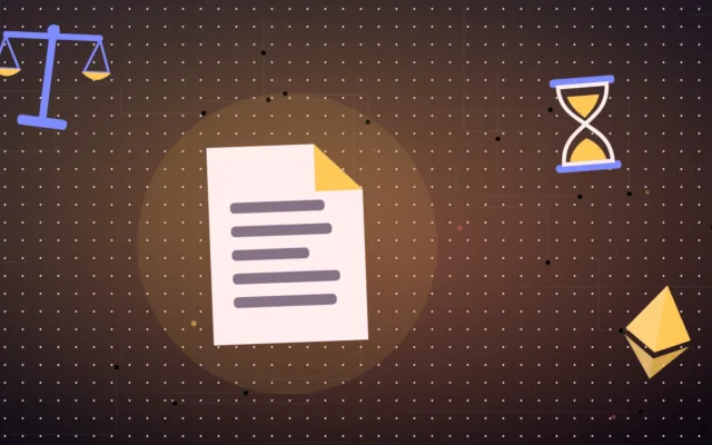 Illustration d'un document et d'un diamant à côté d'une balance de la justice et d'un sablier