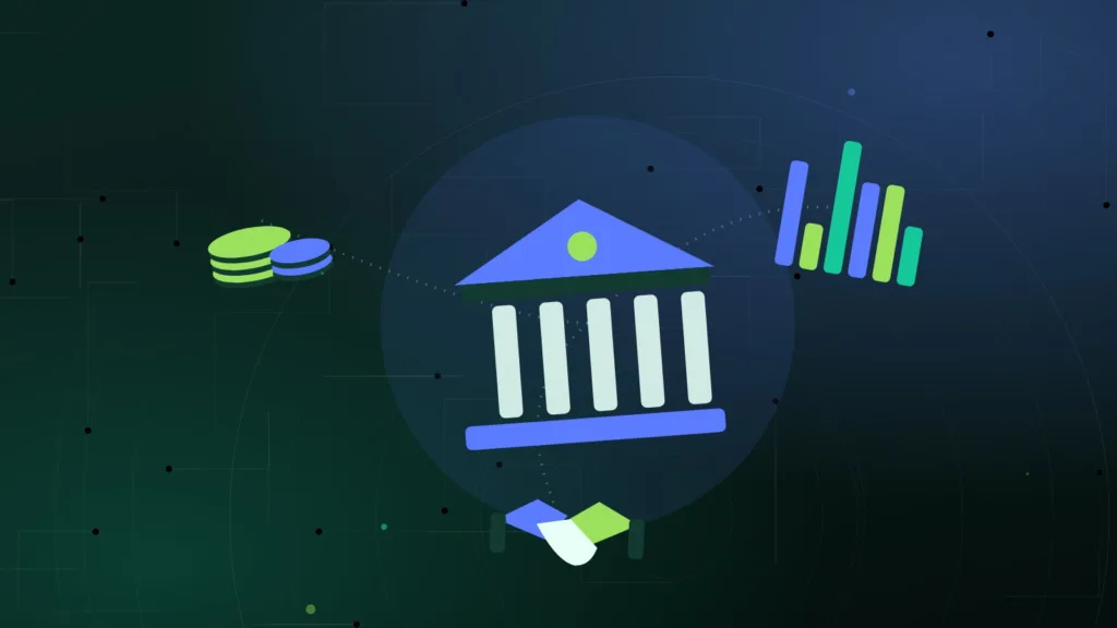 Illustration d'une banque, de piles de pièces, d'un histogramme et d'une poignée de main