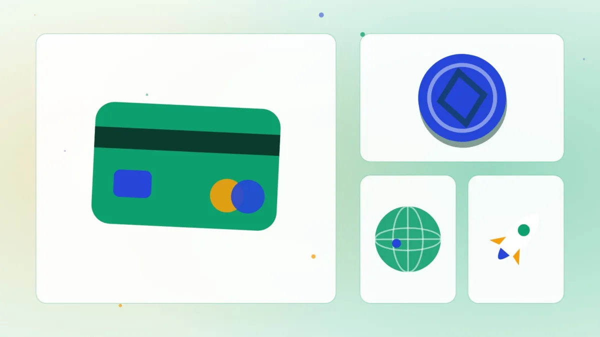 Illustration d'une carte de paiement, d'une pièce, d'un globe et d'une fusée
