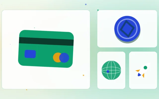Illustrazione di una carta di pagamento, una moneta, un globo e un razzo