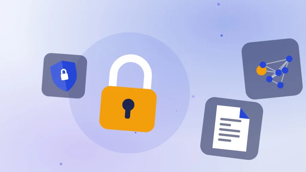 A padlock on a document linked to network nodes and a shield