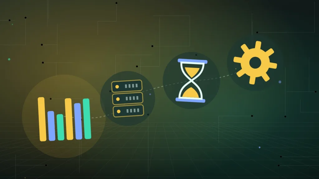 A bar chart beside a server rack, an hourglass and a gear