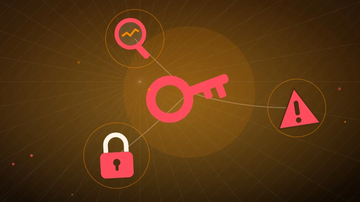 Une clé rose reliée à un cadenas, une loupe et un panneau d’alerte