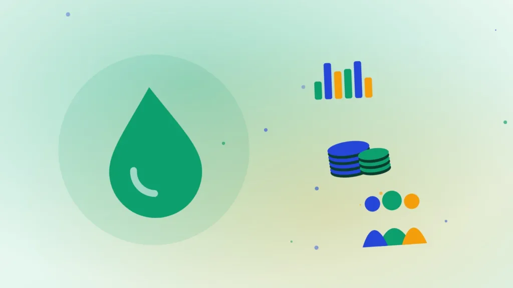 Liquidity drop and bar chart beside stacked coins and a small group of people