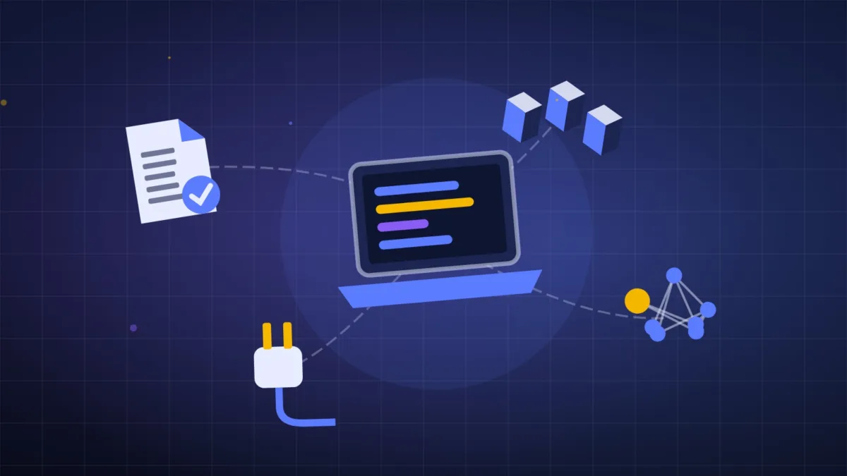 Laptop beside a signed contract, isometric blocks and network nodes joined by a plug