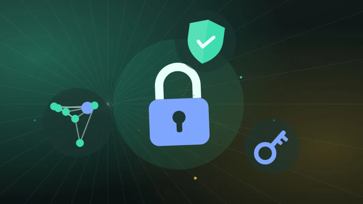 A padlock and a key in front of connected network nodes and a shield