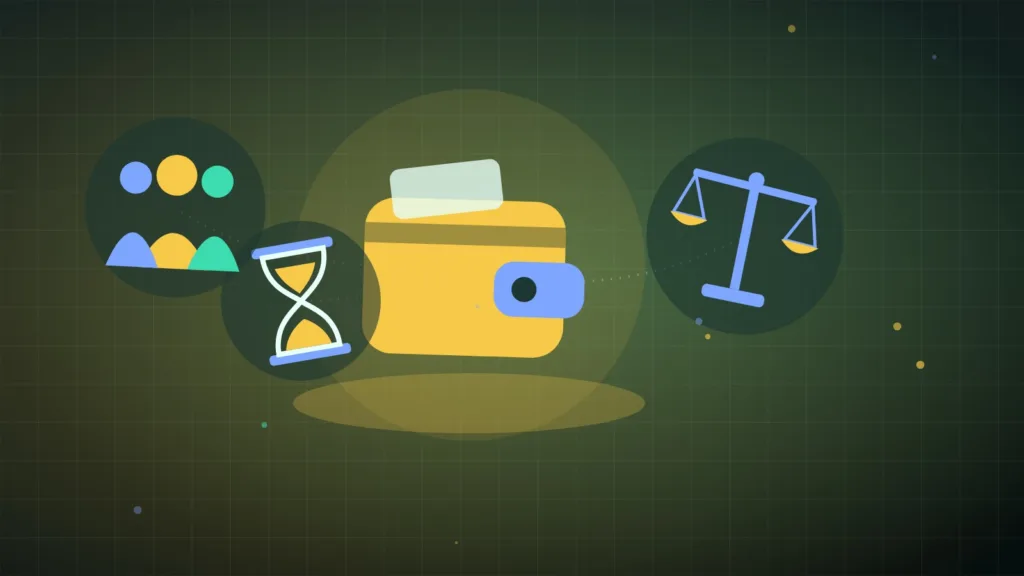 A wallet, an hourglass and balance scales beside a small group of people