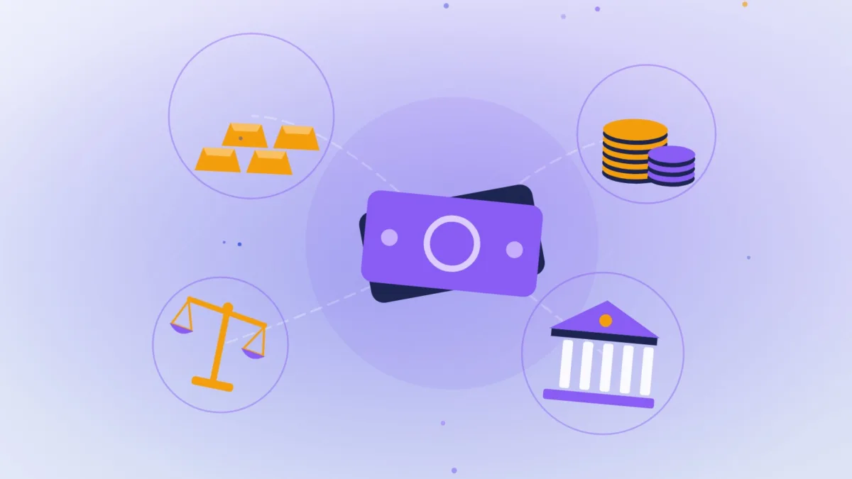 Banknotes, stacked coins and gold bars before a bank building beside balance scales