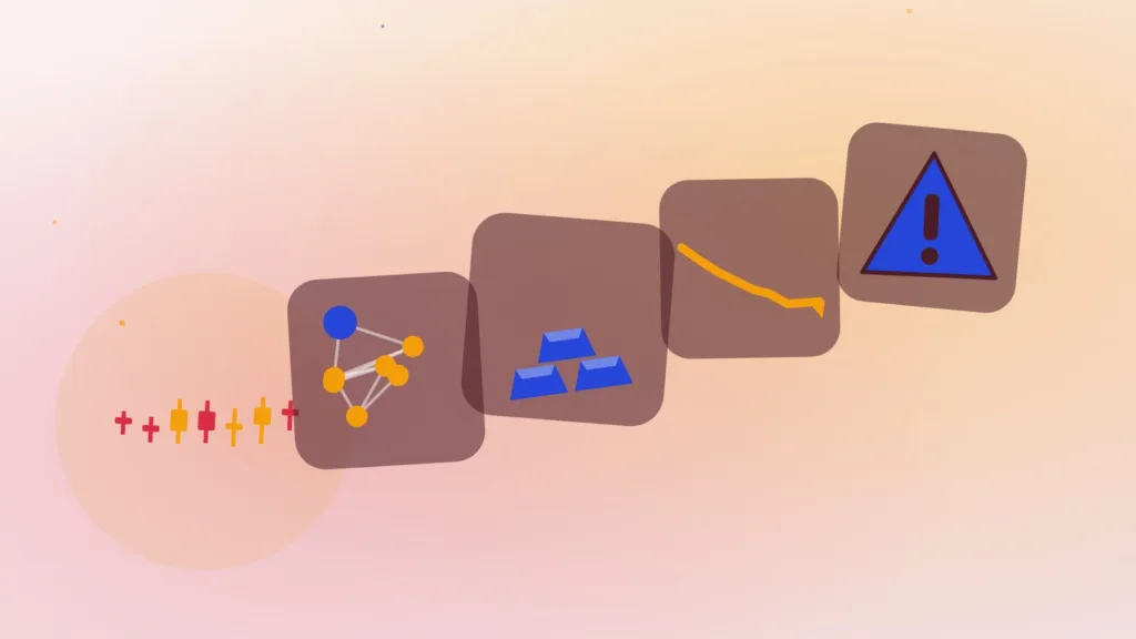 Trading candlesticks and a falling line beside network nodes, gold bars and a warning sign