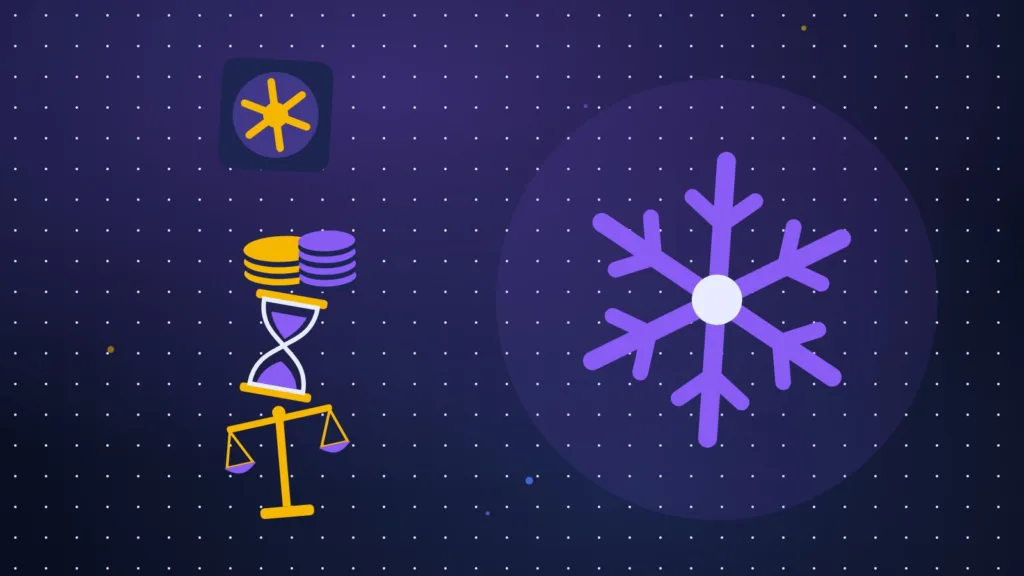 Frozen coins inside a closed vault beside an hourglass and balanced scales