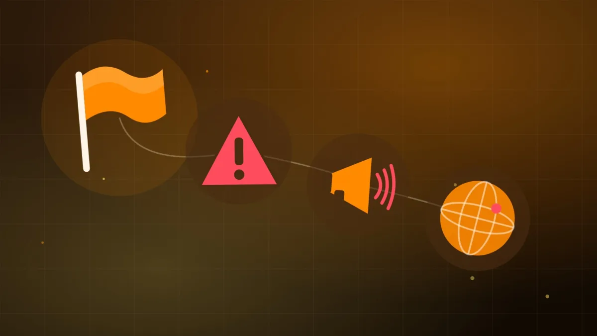 Abstract flag beside a warning sign, a megaphone and a globe in cold tones