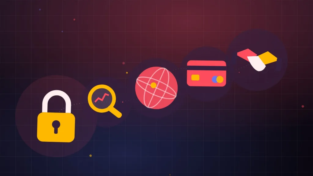 Padlock and magnifying glass over a globe with a payment card and handshake