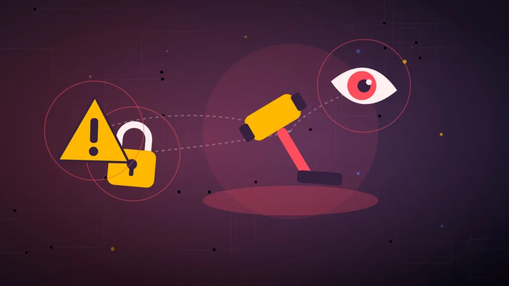 A judge's gavel next to a padlock, a watching eye and a warning sign