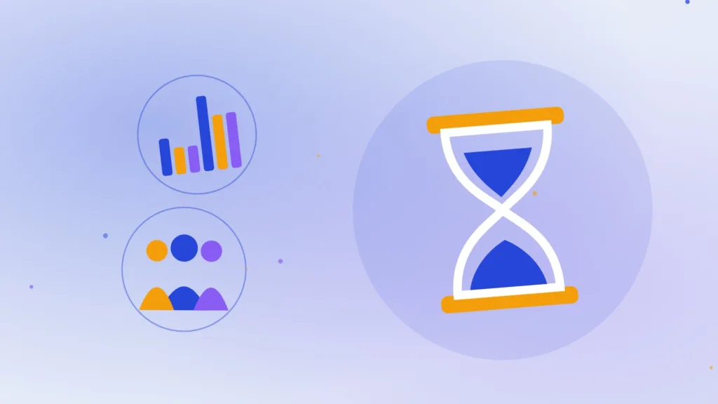 Hourglass beside a rising bar chart and a small group of figures