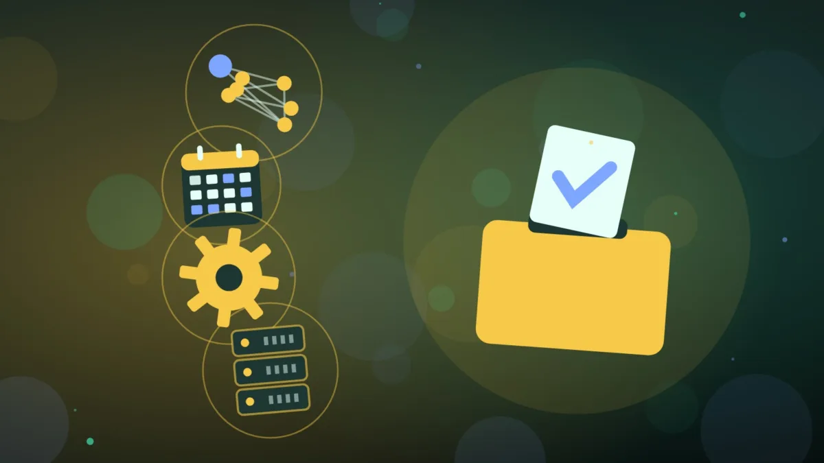 Ballot box among connected nodes, a calendar, a gear and a server rack