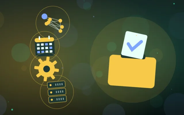 Urna elettorale tra nodi collegati, un calendario, un ingranaggio e un rack di server