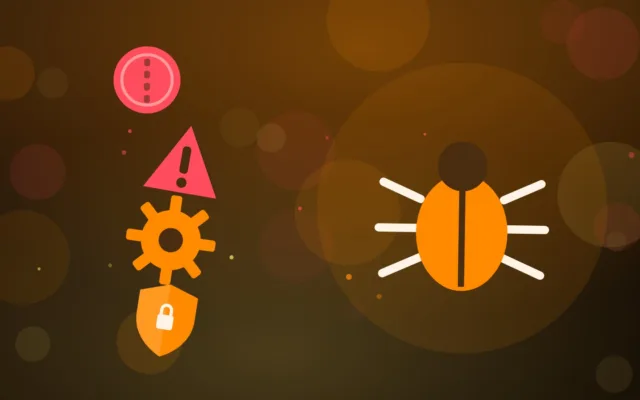 Illustrazione di un bug software, una moneta, un segnale di pericolo, un ingranaggio e uno scudo