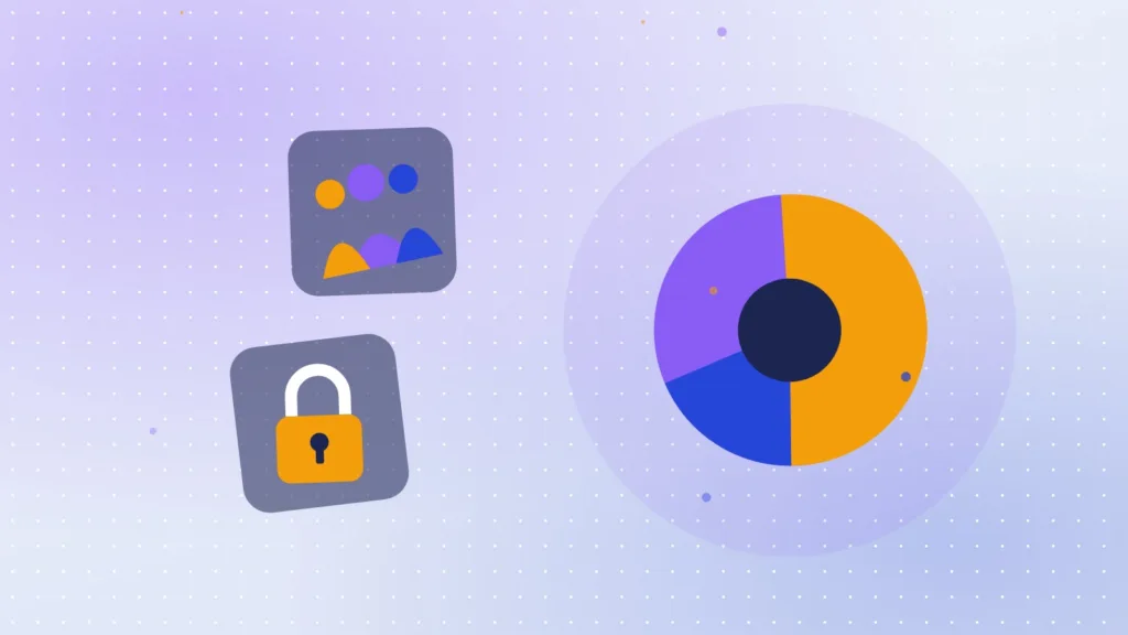 A pie chart beside a group of people and a padlock