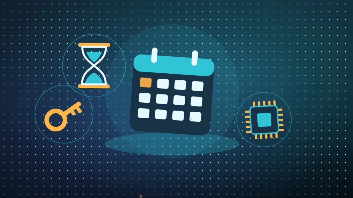 A calendar page, an hourglass, a computer chip and a key